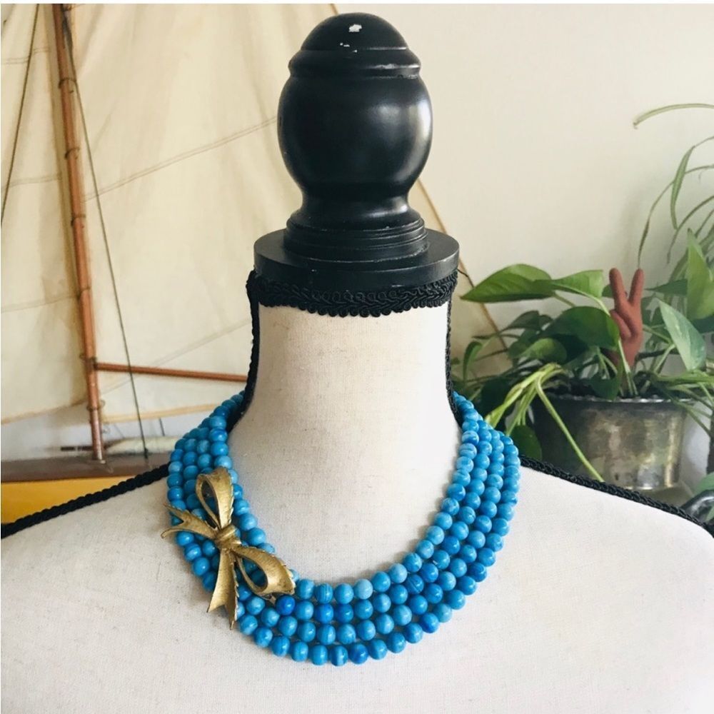 OAK vintage bow and blue glass statement necklace